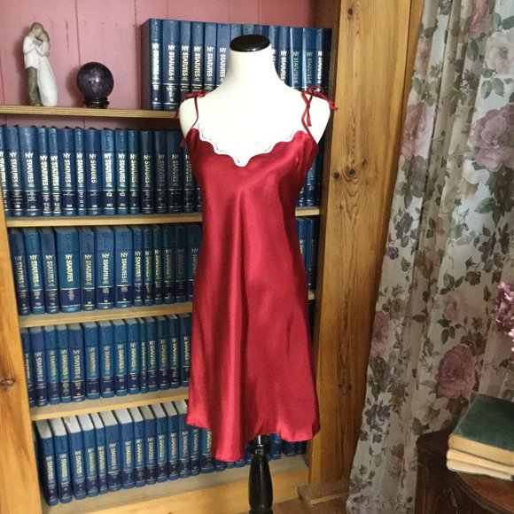 Red with White Lace Trim Charmeuse Chemise Nightie - Picture 3 of 7